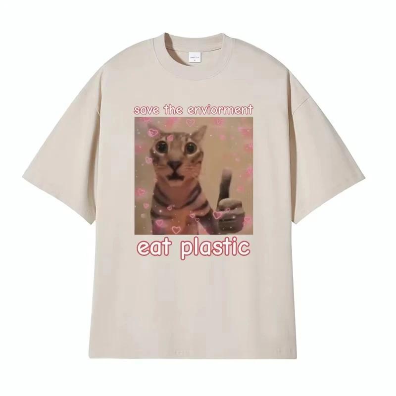 Camiseta Divertida Save the EnvironUnisext Eat Plastic CAT Me Para Camisetas De Moda Y Humor Casual feUnisexino
