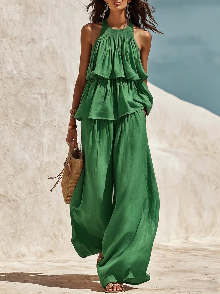2026 Amazon Independent Station Popular Women's Clothing Casual European and American Style Elastic Neck Breathable Wide Leg Pants Two-piece Set