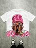 Damska Biała Letnia Koszulka Streetwear, Różowy Portret Graficzny Krótki Rękaw, Miejski Wyjazd Wakacje Dzień Niepodległości Y2K Vintage Retro Styl