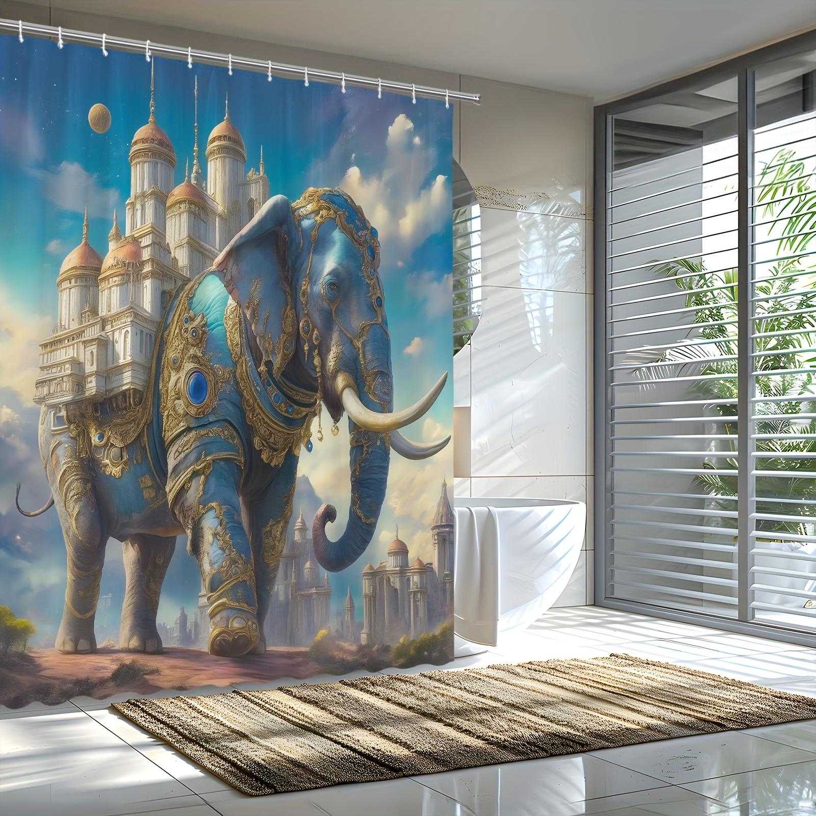 

Fantasy Elephant Castle Shower Curtain - Blue Elephant In Golden Armor, Magical Scene, Polyester Fabric,Includes 12 Hooks W60H190(CM)-1 Pcs