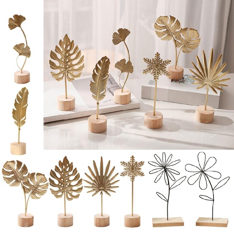 Golden Leaf Sculpture with Wood Base Ornament Ginkgo Palms Leaves Statue Figurine Table Adornment Office Desktop Decor