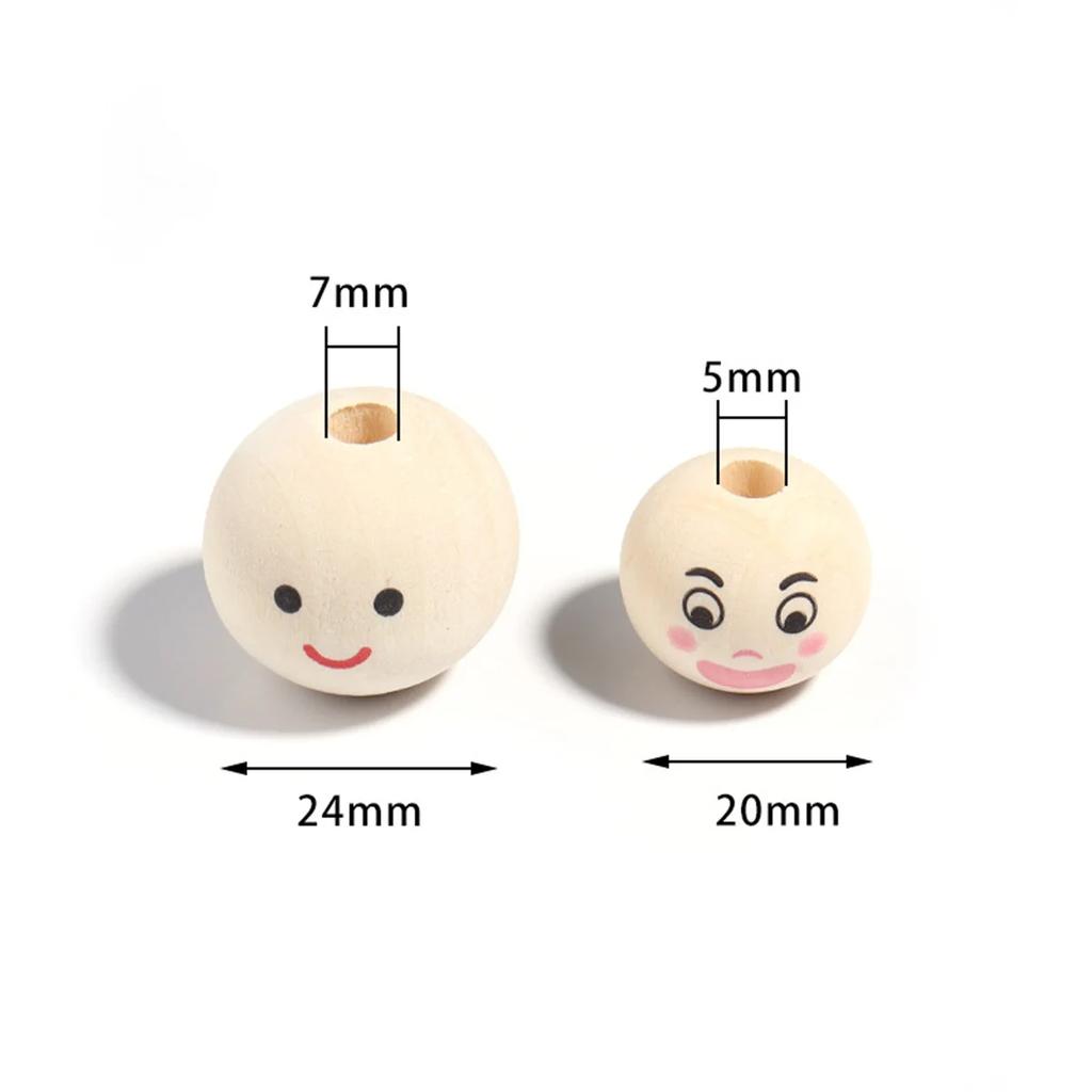 CH02 20Pcs Cute Expression Fun DIY Beaded Charm Bracelet Handmade Round Beads Wooden Crafts Jewelry Beads Accessories Material