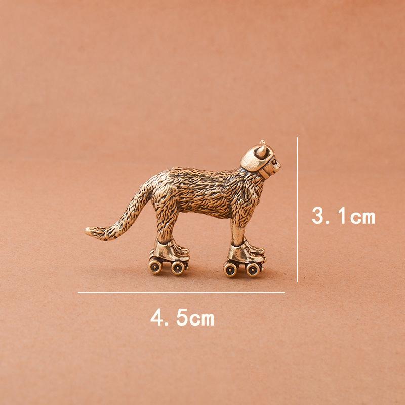 Brass Distressed Ski Cat Figurine Miniature Tea Pet Craft Desktop Small Ornament Animal Home Decor Accessories Children Gift