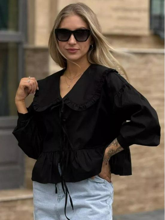 2026 Spring Fashion: Women's Long Sleeve Cotton Shirt with Doll Collar and Tie-up Design - European & American Style