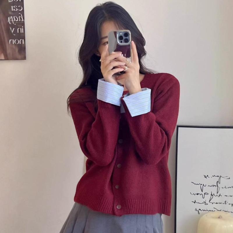 Autumn and Winter New Splicing Shirt Sleeves Knitted Cardigan Women's Loose Round Neck Versatile Temperament Sweater Jacket