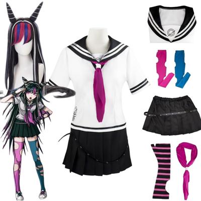 Anime Danganronpa Mioda Ibuki Cosplay Kostüm Bunte Teufel Horn Perücke mit JK Matrosenanzug Outfits Halloween Karneval Kleidung