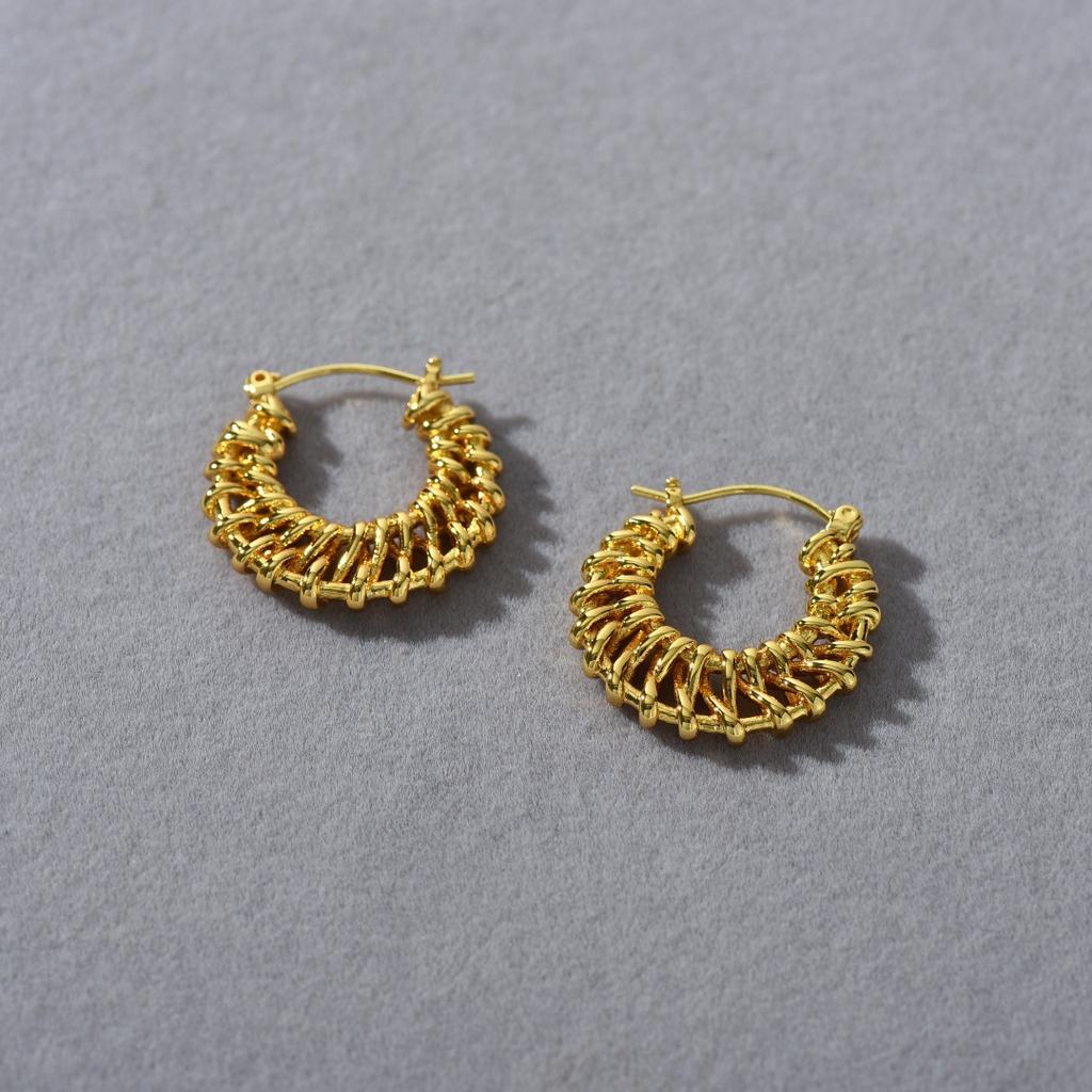 Wind Same Copper-Plated 18K Real Gold Woven Big Moon Hollow Ear Buckle Geometric C-Shaped Earrings Women