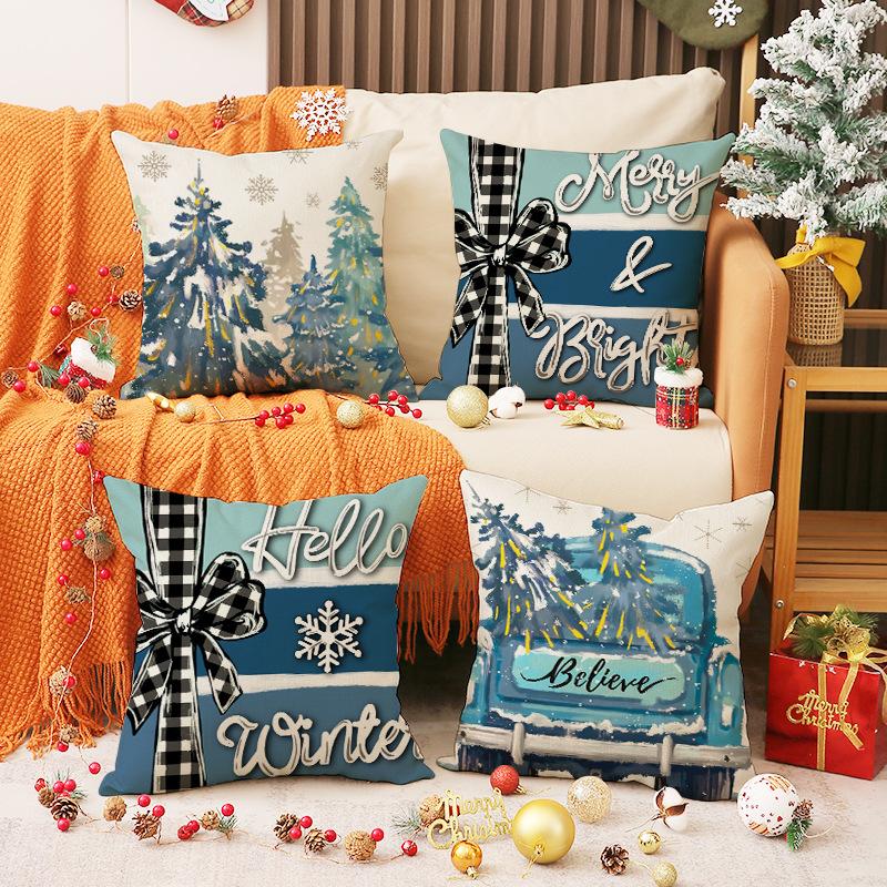 Christmas Pillow Linen Print Set Pillow Case Living Room Versatile Sofa Cushion Linen Breathable Cushion