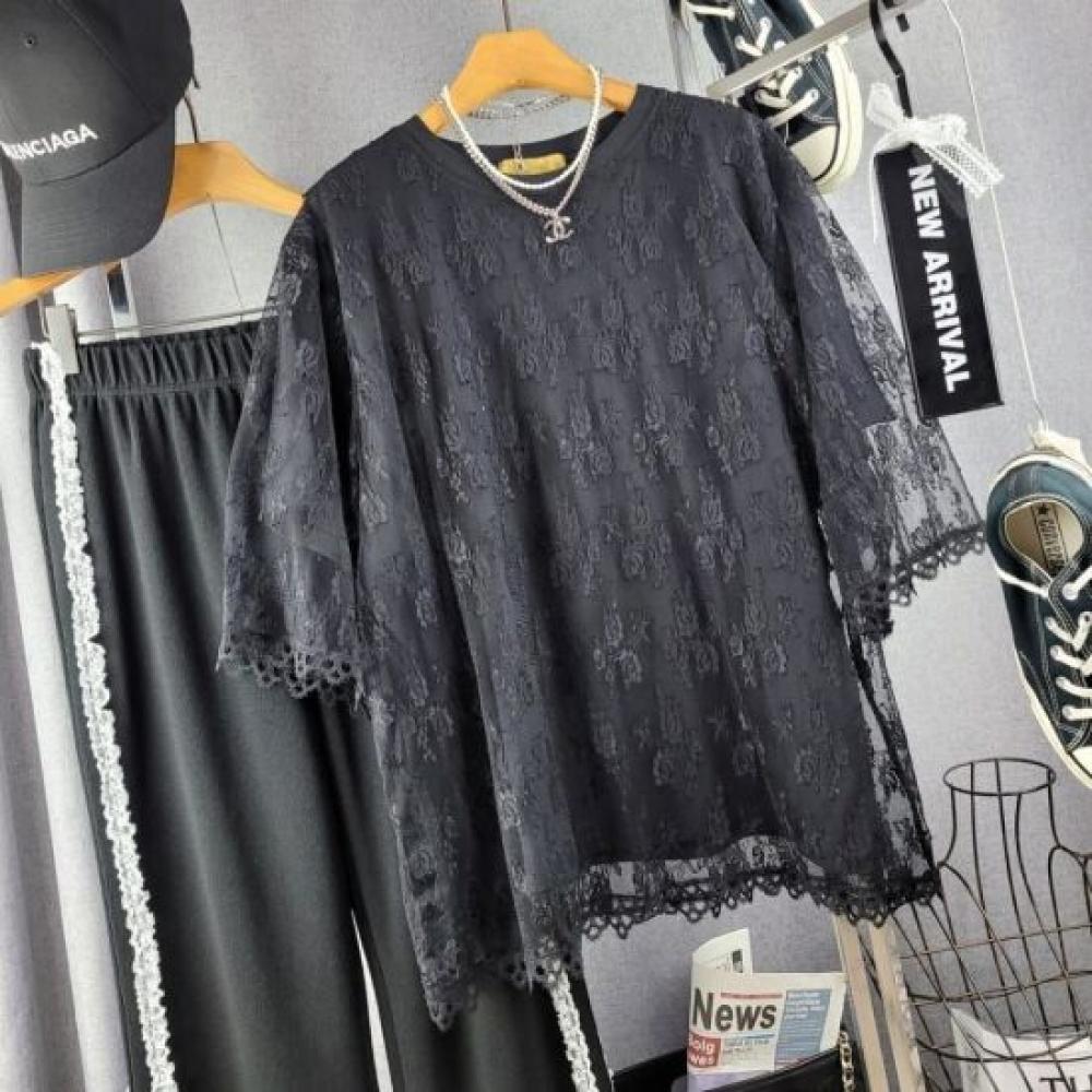 C S In The Room Double Layered NeT PaTTern Long Sleeve Round neCk T ShirT 2Color
