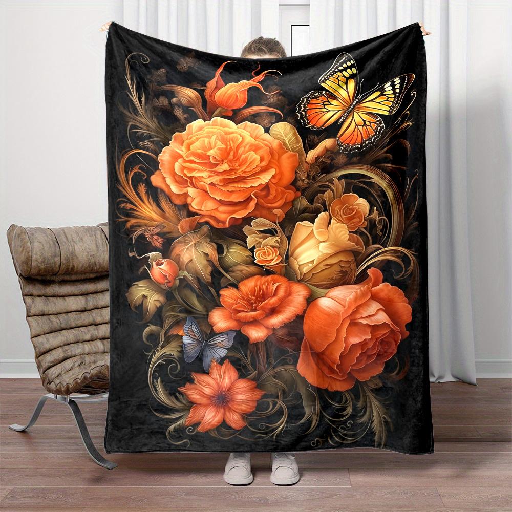 Elegant Floral Butterfly Blanket - Soft Cozy Throw with Orange Roses and Monarch Design, Perfect for Home Decor, Unique Gift 75x90cm