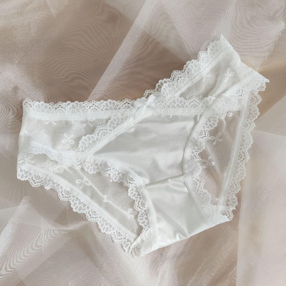 Sweet Low Waist Lace Panties Mesh Lingerie Lace Bow Briefs Satin Silk Underwear for Women Girl