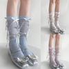 Japanischer Stil Schimmerndes Netz Spleißende Gerippte Über die Wade Socken für Damen Mädchen Niedliche Schleife Schleifenknoten Lange Strümpfe