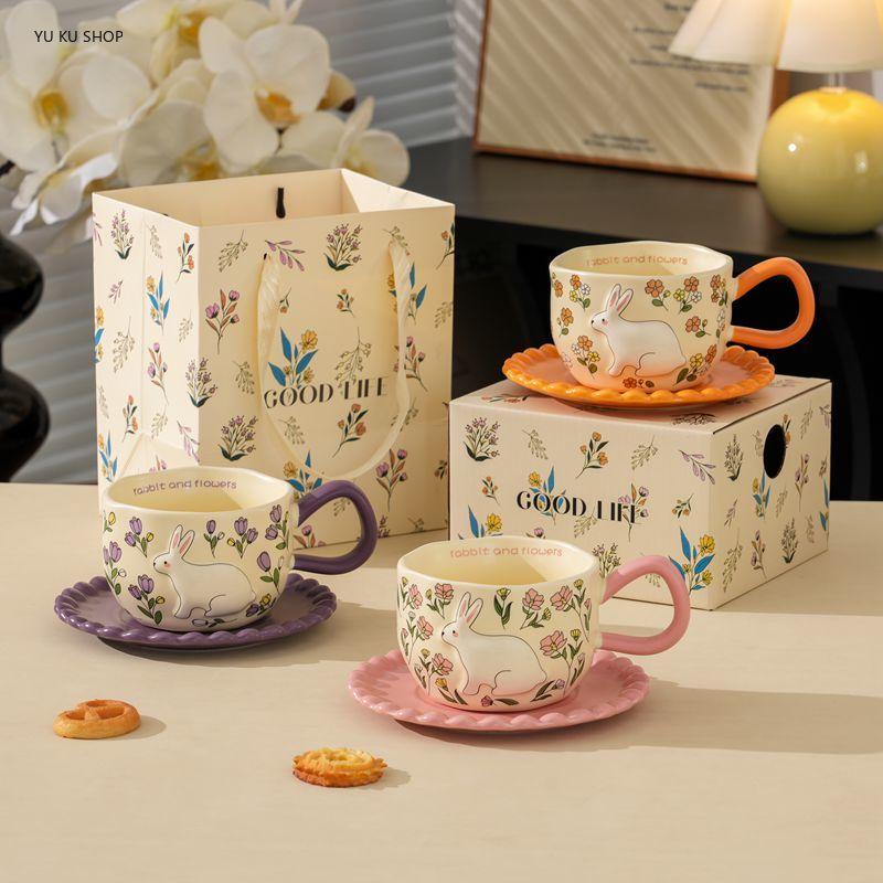 Ceramic Rabbit Pattern Coffee Cup Saucer Cute Afternoon Tea Cup Juice Breakfast Mug Handheld Milk Coffee Mug Home Accessories