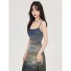 Tie-dye Suspender Dress Women Summer New Design Temperament Mesh Slim Long Skirt