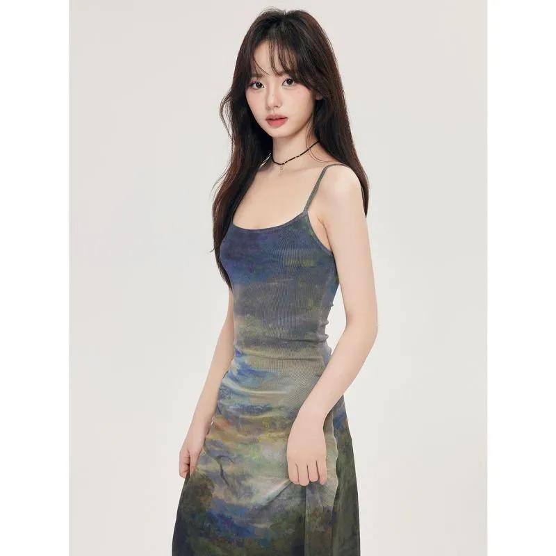 Tie-dye Suspender Dress Women Summer New Design Temperament Mesh Slim Long Skirt