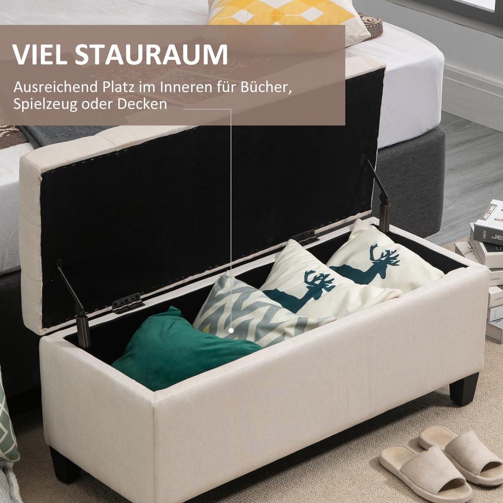 Panca con Spazio Contenitore, Panca Imbottita con Aspetto Lino, Pouf Contenitore con Gambe in Legno