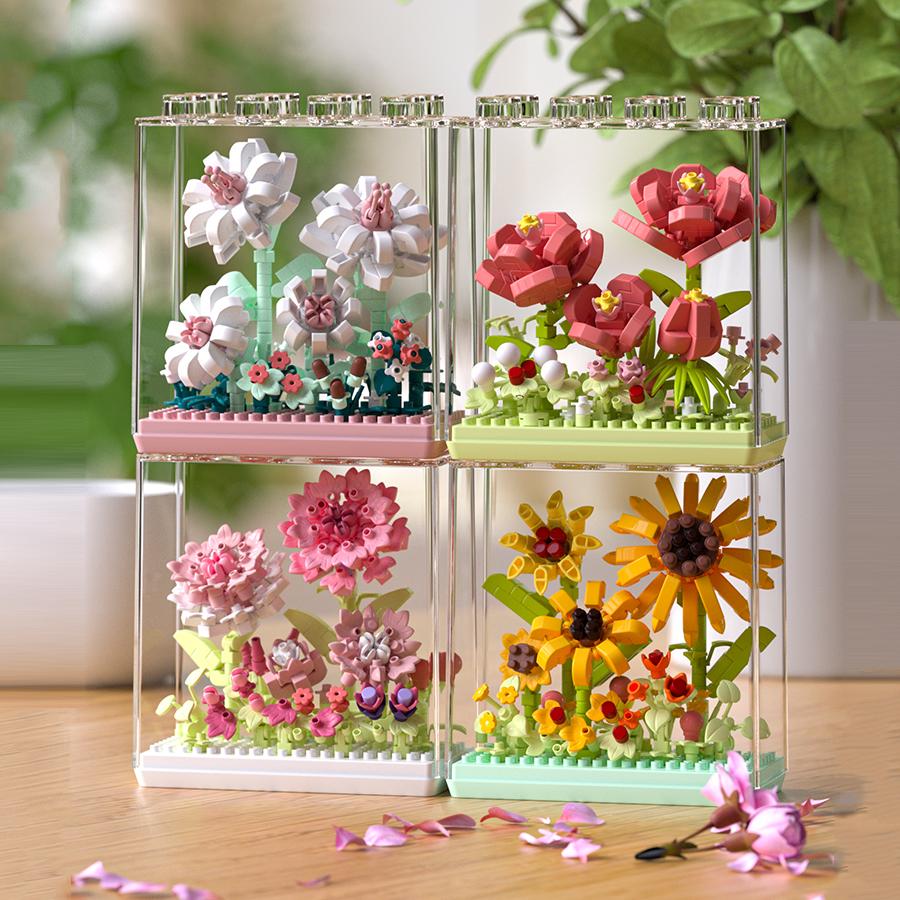 Non-Toxic Eternal Flower Diy Builidng Blocks Plastic Flowers Blocks Children Toys Sunflower Carnation New Year Decorations