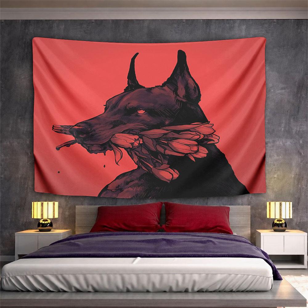 Black Doberman Red Flowers Tapestry Wall Hanging Gothic Dog Portrait Decor for Bedroom Living Room Man Cave Unique Gift