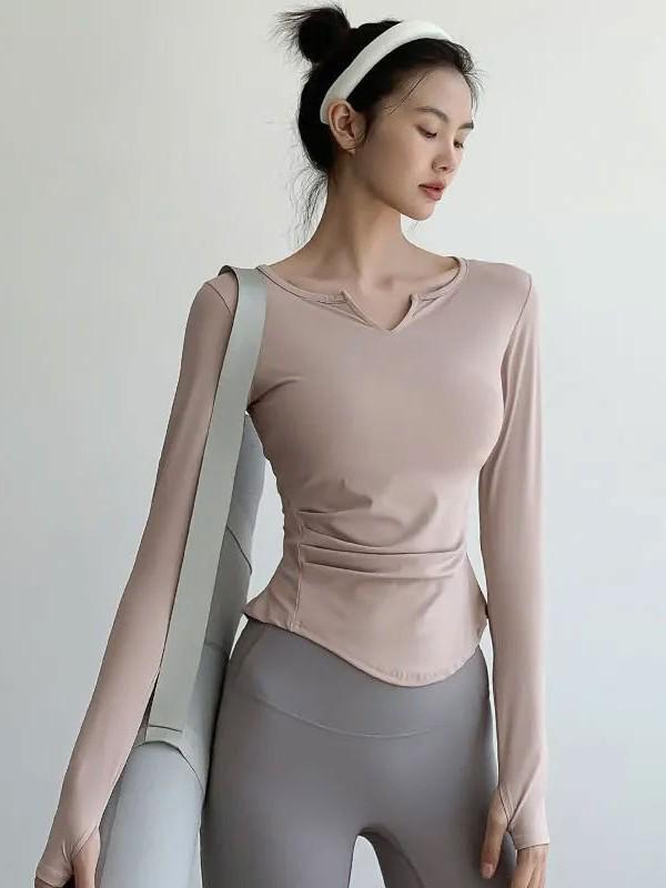 Slim-fit V-neck Long Sleeve Yoga Top - Quick-dry, Breathable Sportswear for Training & Running