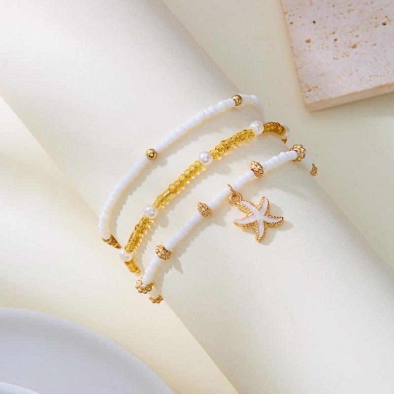 Fashionable Natural Shell Pearls Elastic Jewelry Triple Wear Neck Chain Wrist Ankle Decoration Coastal Styles Use