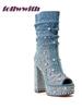 Fashion Bling Rivet Decoration Denim Square Heel Peep Toe Pumps Platform Super High Fashion Modern 2025 Hot Sale New Arrival Shoes