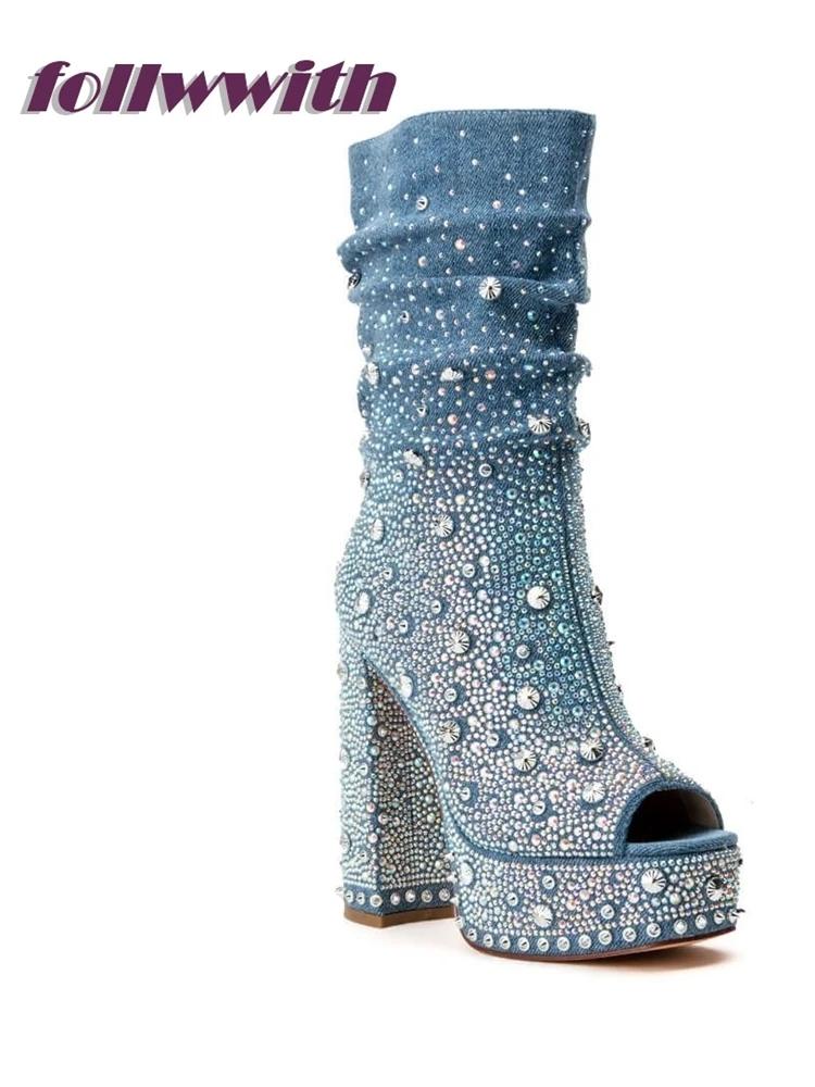 Fashion Bling Rivet Decoration Denim Square Heel Peep Toe Pumps Platform Super High Fashion Modern 2025 Hot Sale New Arrival Shoes