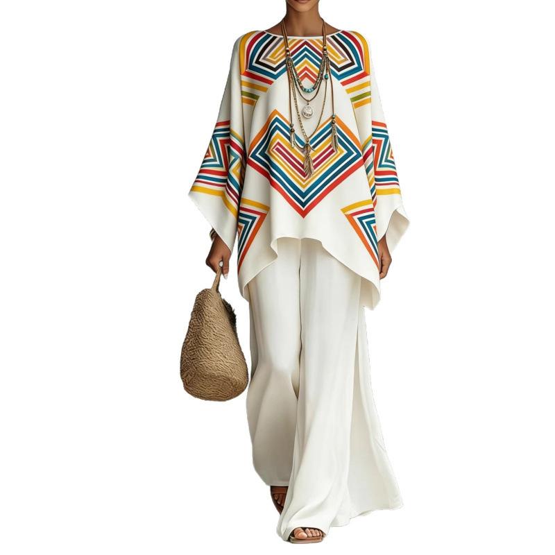 1116 European and American spring new printing temperament round neck versatile casual loose two-piece set