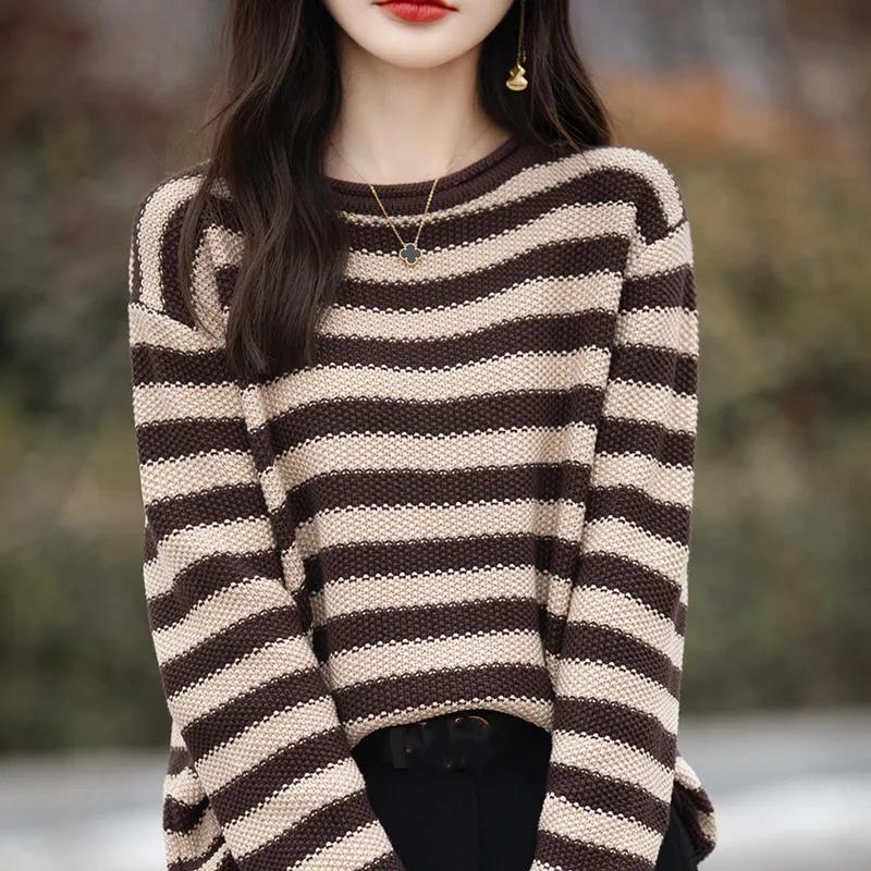 

Женский свитер 100% хлопок Осень Зима Закатанный О-образный вырез Пуловер Длинный рукав Нижний слой Разноцветные полоски Вязаная одежда Свободная одежда XS кофейный