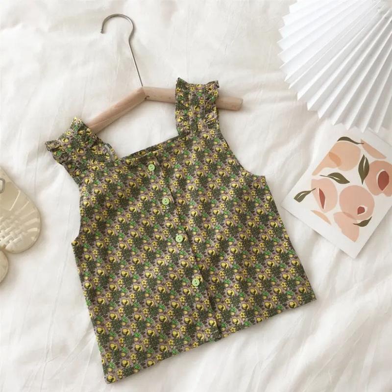 Baby Girls Suit Summer Lightweight Breathable Fashion Korean Solid Color Shorts+floral Suspenders Two-piece Set