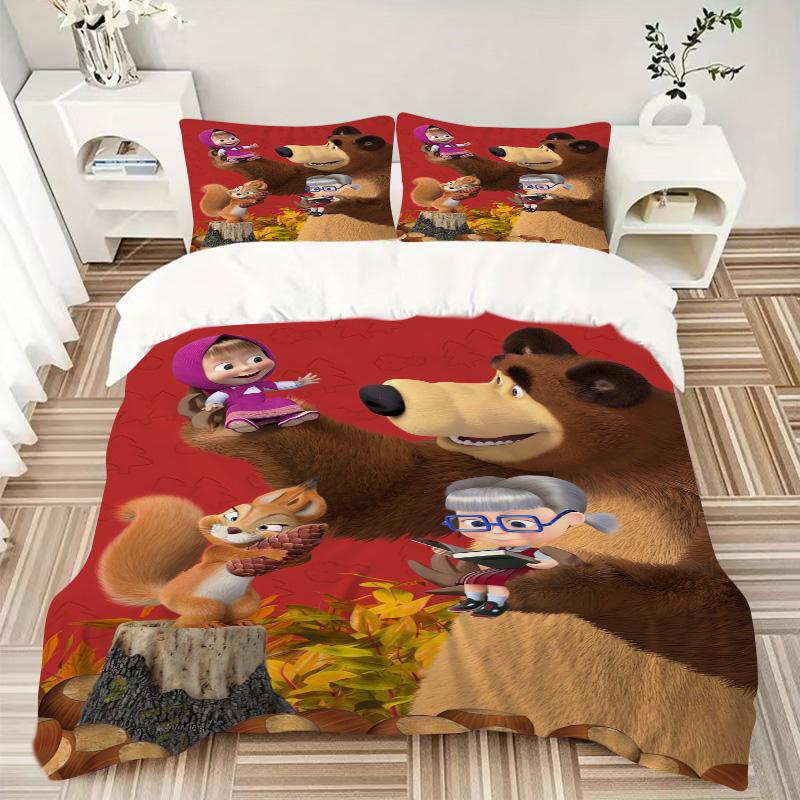 Masha Bear Adventure Print 3Pcs Bedding Setduvet Cover With 2 Bedropillowcase Home Birthday Gift