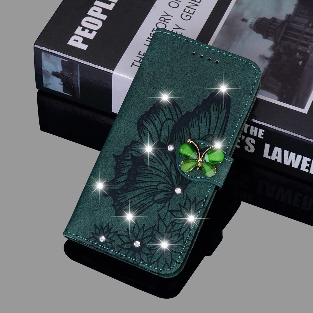 Custodia Portafoglio a Libro con Glitter per iPhone 16 Pro Max 15 Plus 11 14 13 12 XR XS X SE 2020 Copertina a Libro con Farfalla Bling Porta Carte