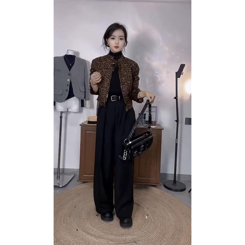 Retro Leopardenmuster Modische Kurze Jacke Reißverschluss Strickjacke Lässiges Oberteil