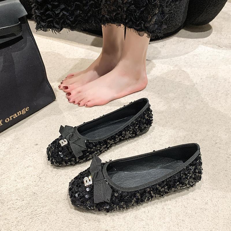 

Женские туфли-лодочки с пайетками, весенние, ретро, с бантом, на плоской подошве, нежные бабушкины туфли-бини 40 чёрный