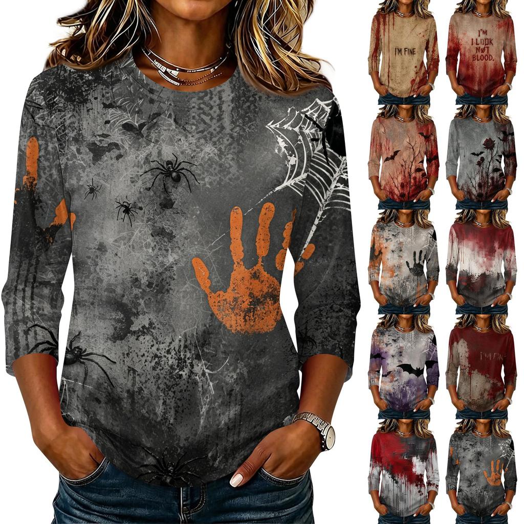 Women's Casual Round Neck Three Quarter Sleeve Halloween Print T Shirt Top Lightweight Comfortable Fit for Daily Wear