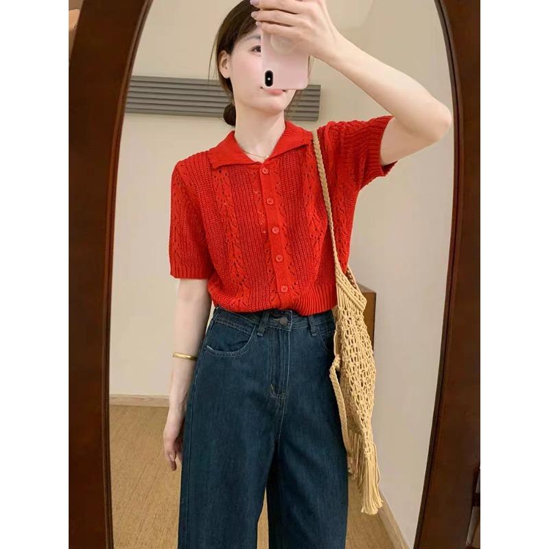 Summer Ice Silk Hollow Blue Lapel Short-sleeved Knitted Sweater Women's New Commuter Versatile Chic Polo Top