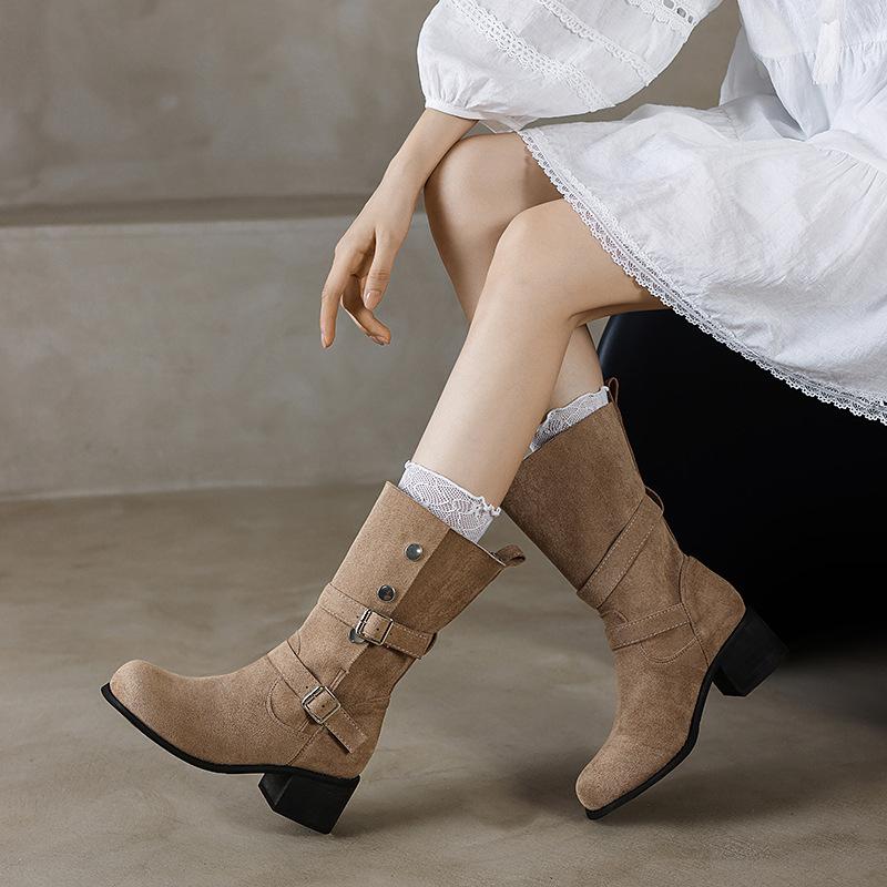 Размер 42 Модные винтажные сапоги до середины икры с пряжкой на ремне женские осенние сапоги на толстом каблуке ковбойские сапоги в стиле вестерн женские сапоги из искусственной кожи рыцарские сапоги 35 хаки 4326₽