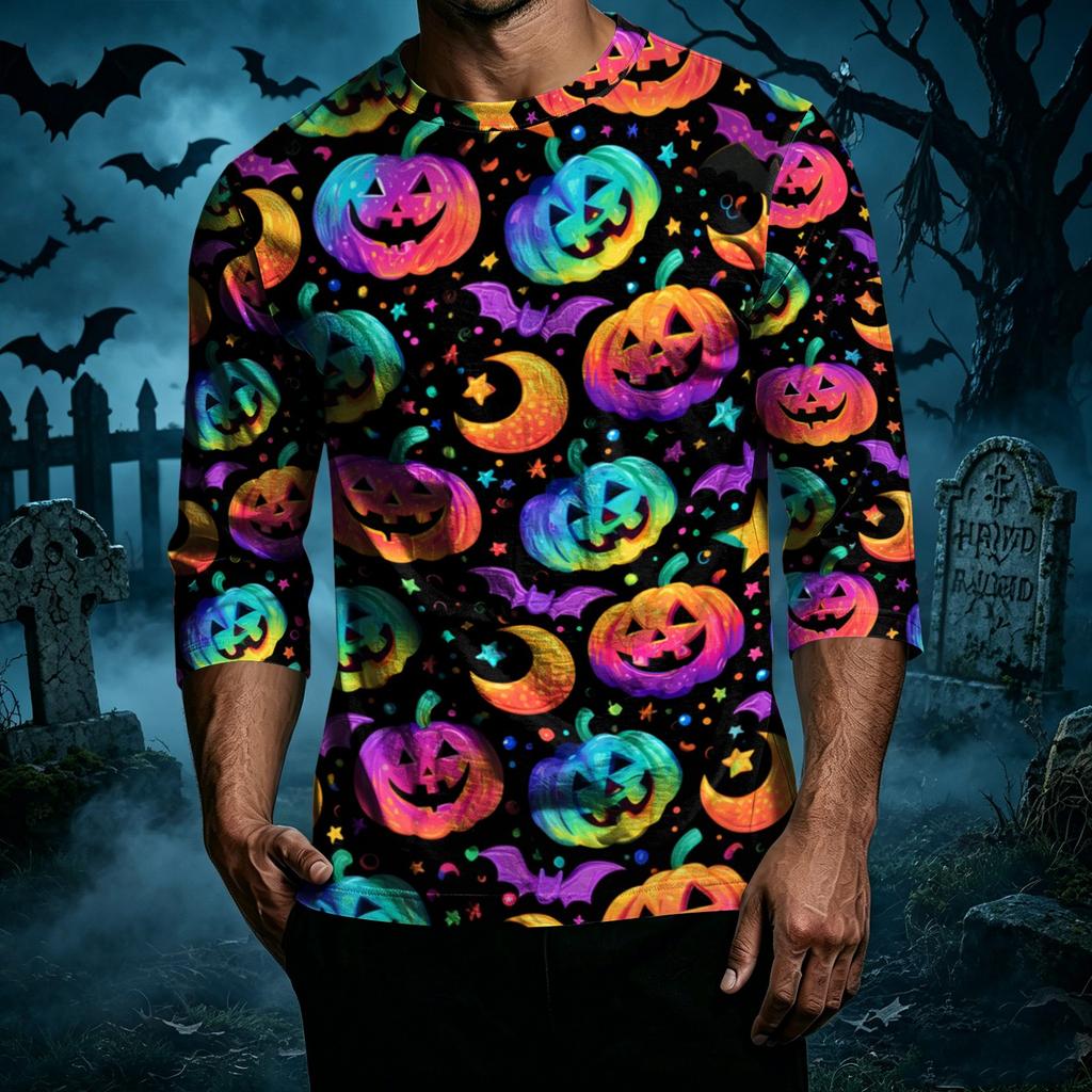 Men's Casual Halloween Printed Crew Neck T-Shirt Three Quarter Sleeve Top Lightweight Comfortable Fit for Everyday Wear