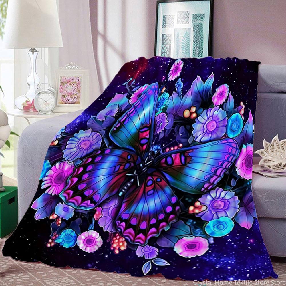 Flannel Butterfly Blanket Purple Floral Digital Printing,Fleece Throw Blanket for Sofa Bed Travel Camping,Office Couch Chair Bed