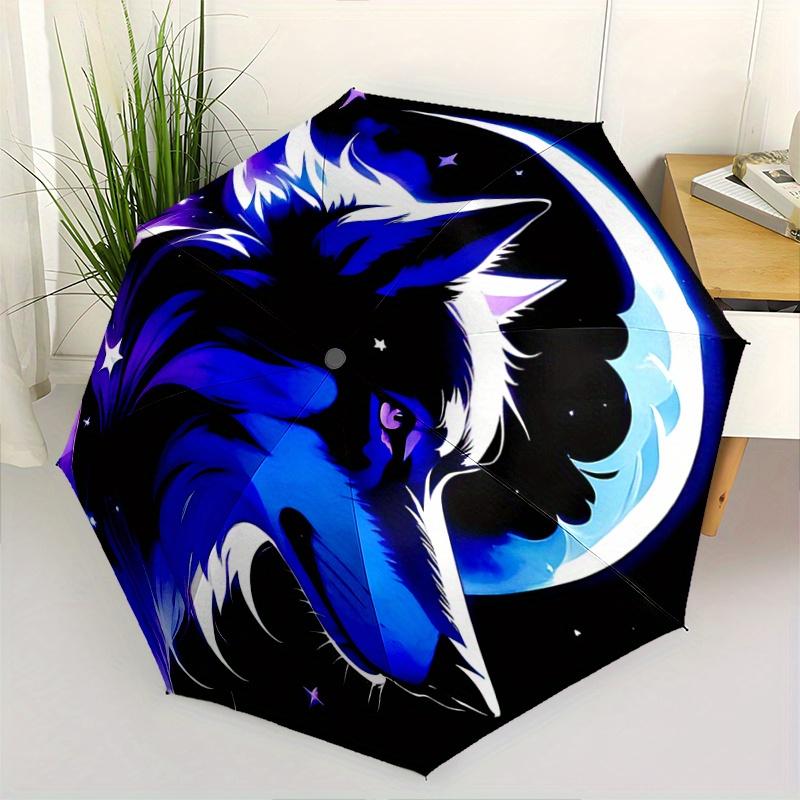 1pc Midnight Wolf Pattern Automatic, 8 Iron Frames, High-Value Folding Umbrella, Suitable for Office, Travel and Outdoor Adventure.A105