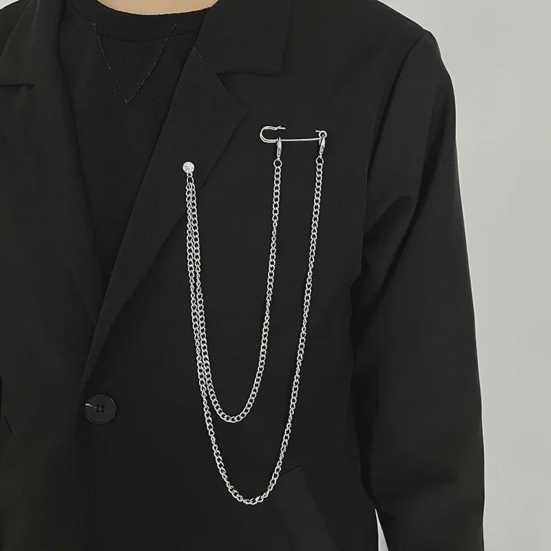 Men's Trendy Long Chain Suit Brooch - European & American Style Pin with Unique, High-End Design