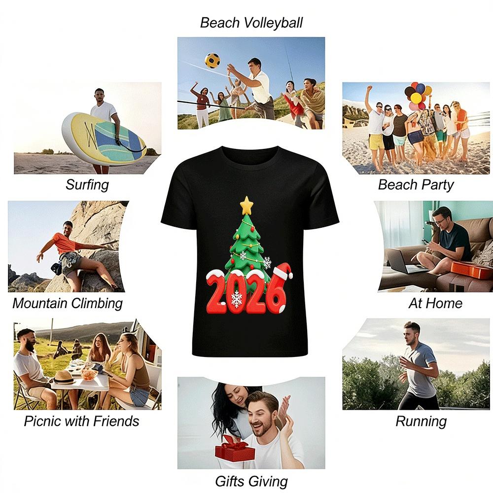 2026 Christmas Themed Printed Casual Top Festival Vibe Loose Tee Pure cotton T-shirt