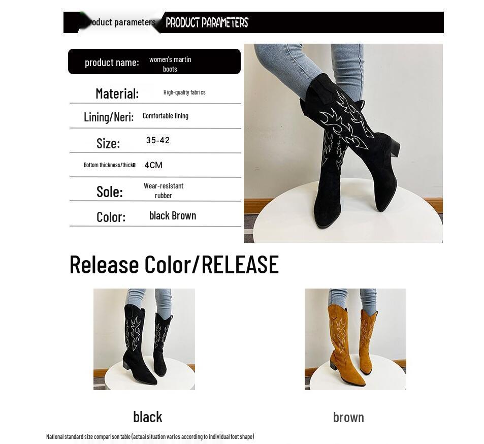 2025 Retro Chunky Heel Embroidered Pointed Toe Slip-on Western Cowboy Boots for Women