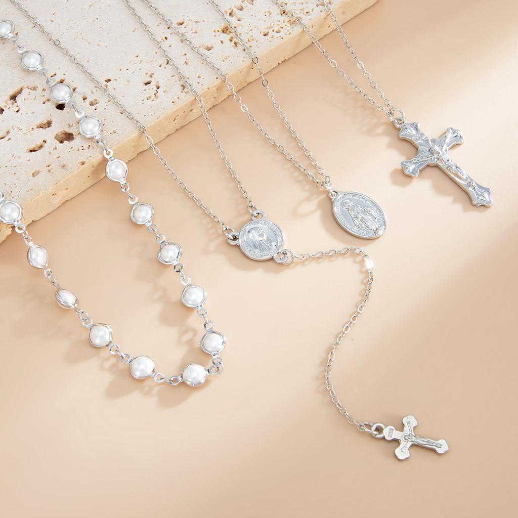 Ins Cool Style Metal Cross Pendant Pearl Necklace, Elegant Crystal Square Snake Clavicle Chain For Women