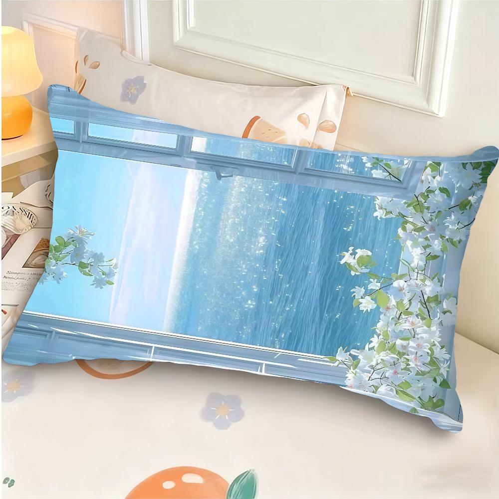Romantic CoastalPink Roses Tranquil Blue Waters Cushion Cover Rectangle Pillow Case Printing Bedside Sofa Decoration Pillowcase