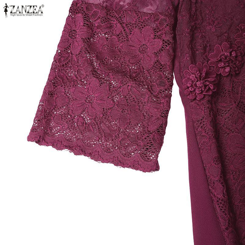ZANZEA Women Round Neck 3/4 Sleeve Casual Elegant Lace Dress