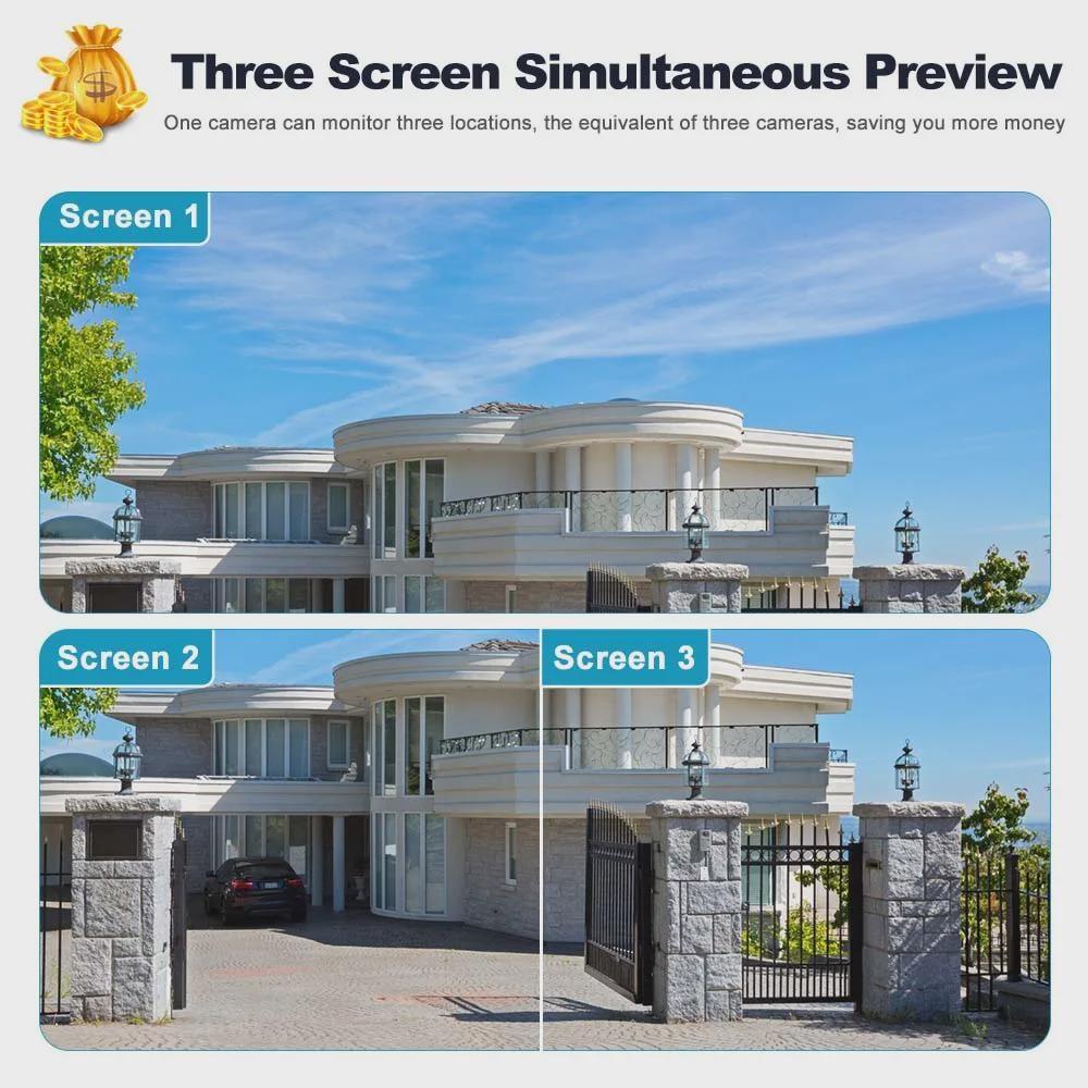 1pc WiFi Surveillance Camera Outdoor Triple Lens Triple Screen, Waterproof PTZ Mini Street Camera 360° Security Camera