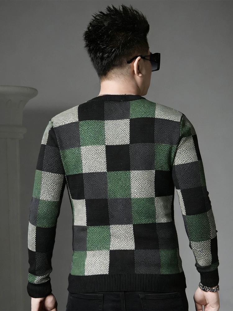 European Station 2025 Autumn/Winter New Round Neck Sweater Men's Plaid Print Knitted Base Shirt Long Sleeve Knitwear