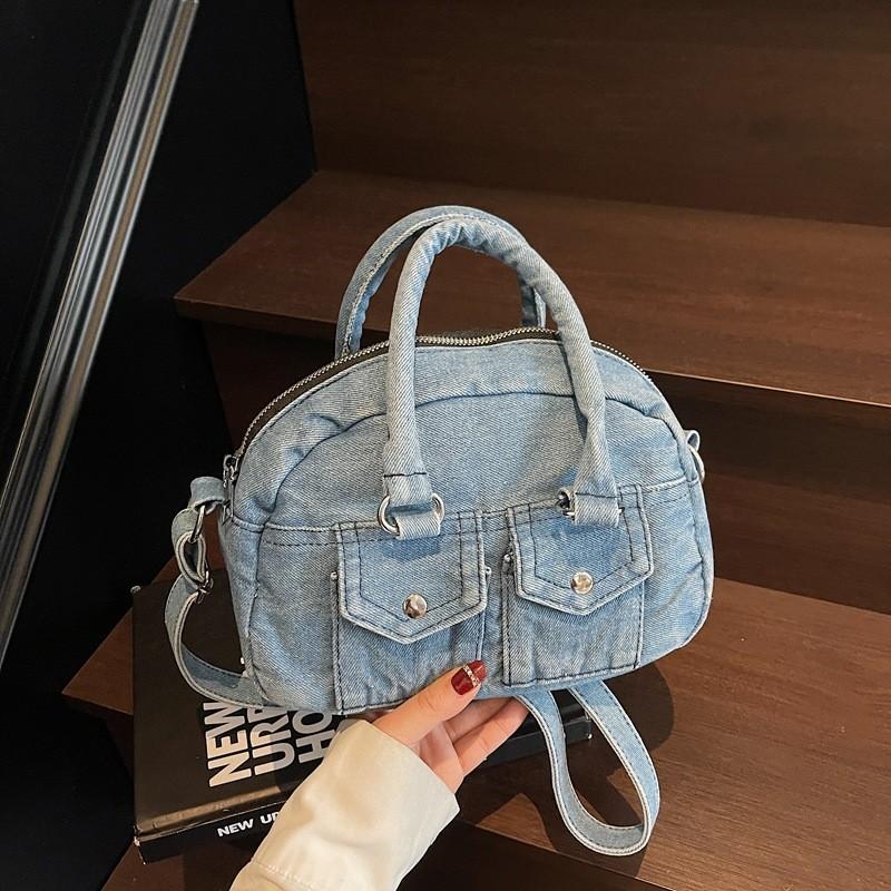 Retro Style Denim Shoulder Bag With Top Zipper And Cell Phone Pocket