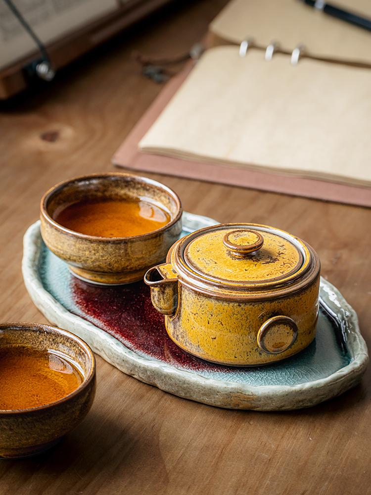 Handmade Kung Fu Tea Set Old Style Coarse Pottery Teapot with 2 Cups