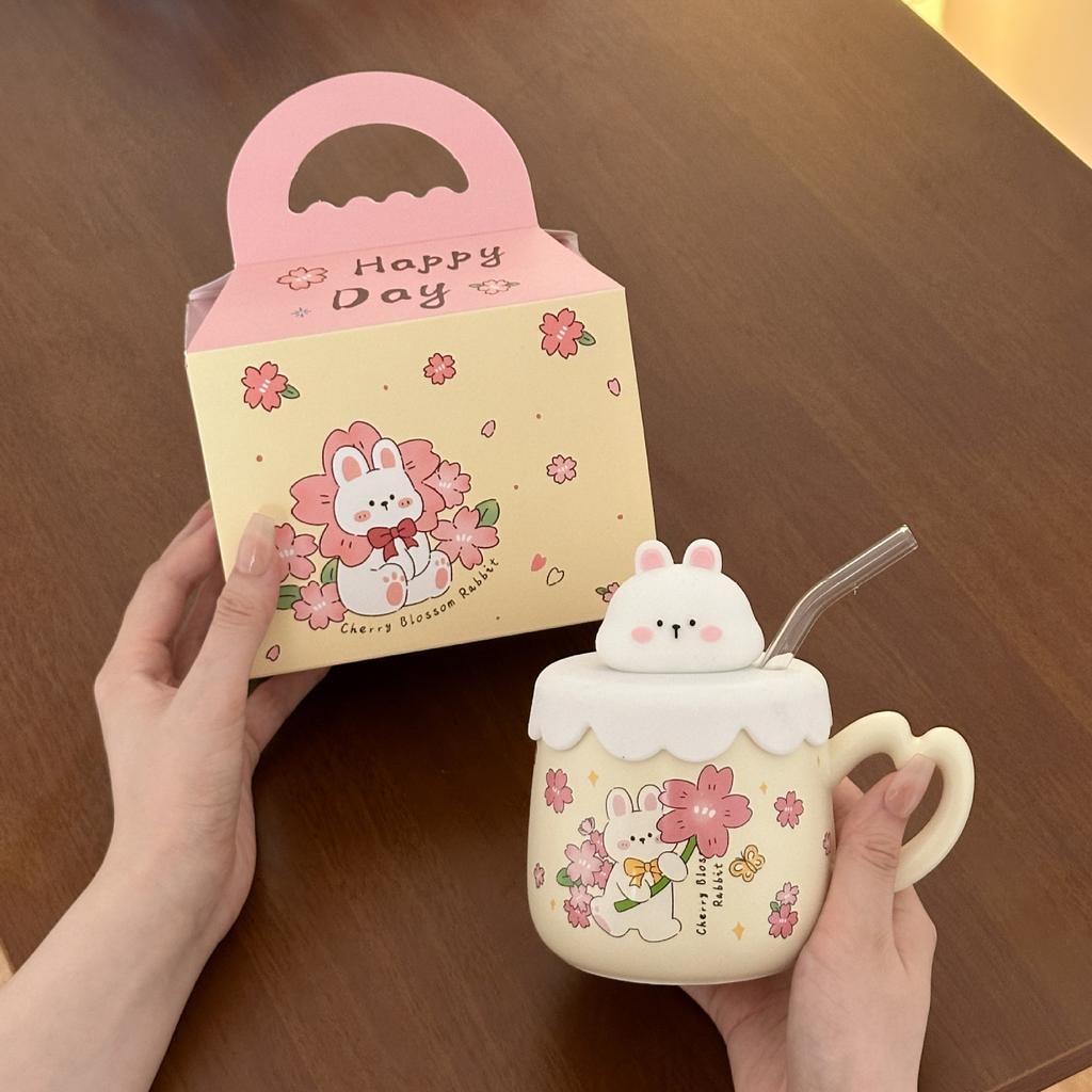 Rabbit Straw Mug with Lid Fairy Cup Cute Office Home Bestie Ceramic Water Cup Birthday Gift